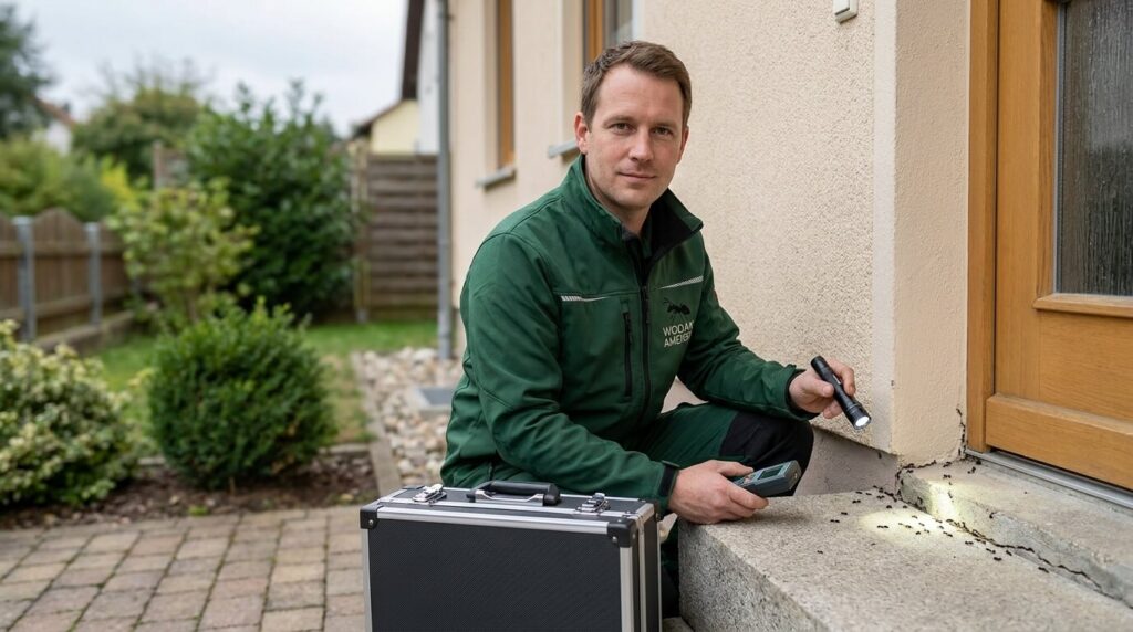 Mitarbeiter von Wodak Ameisen prüft eine Ameisenstraße am Hauseingang