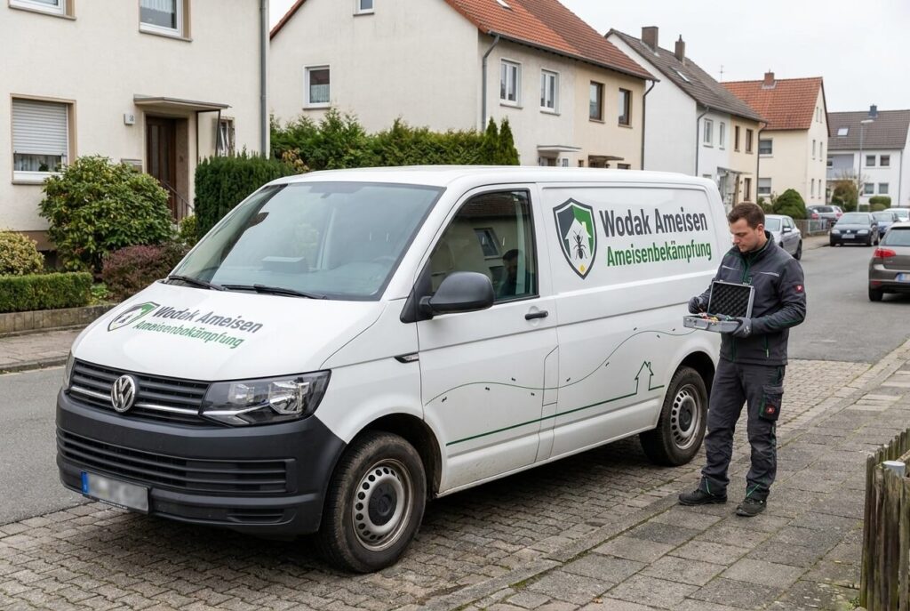 Servicefahrzeug von Wodak Ameisen vor einem Wohngebäude